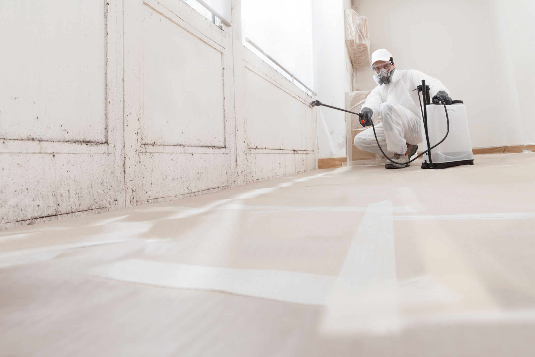 Mold remediation service: A professional worker spraying products to remove mold before house painting, clad in a protective suit and respirator mask, with a backpack sprayer at a home renovation site