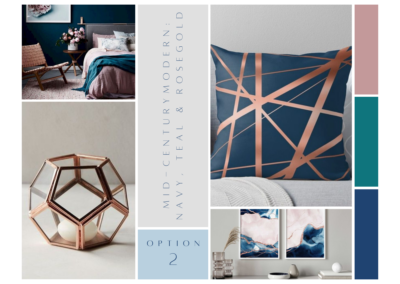 A 2 ZEN CC Interior Design Mood Board: Mid-Century Modern Navy, Rose Gold & Teal