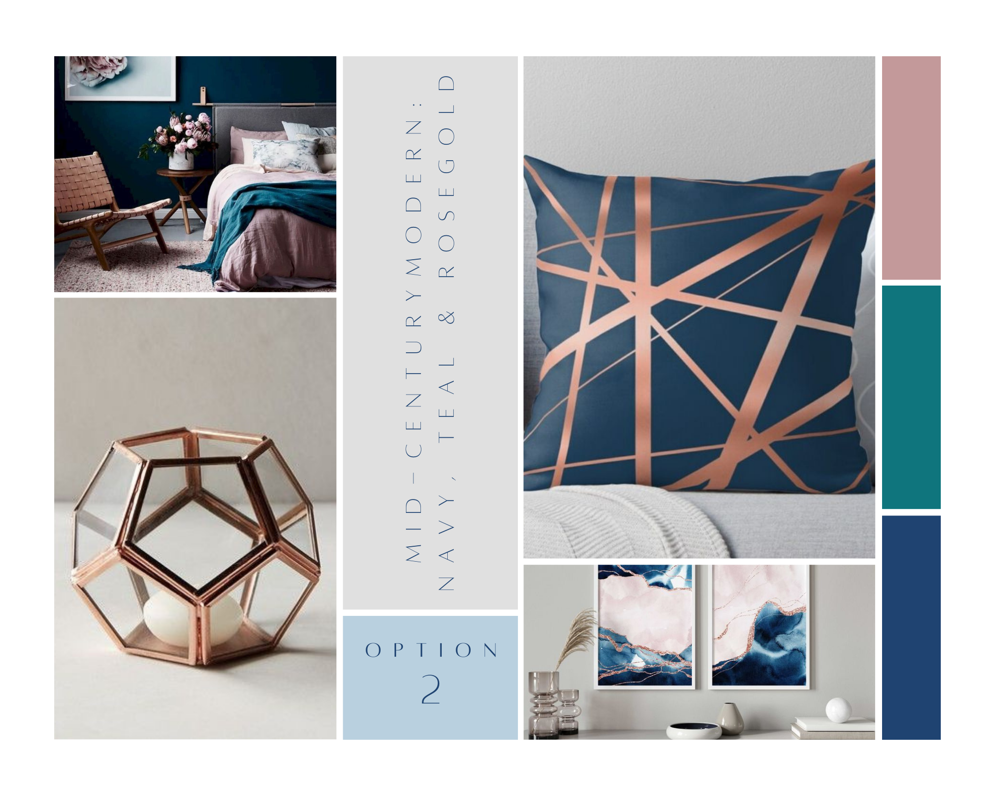 A 2 ZEN CC Interior Design Mood Board: Mid-Century Modern Navy, Rose Gold & Teal